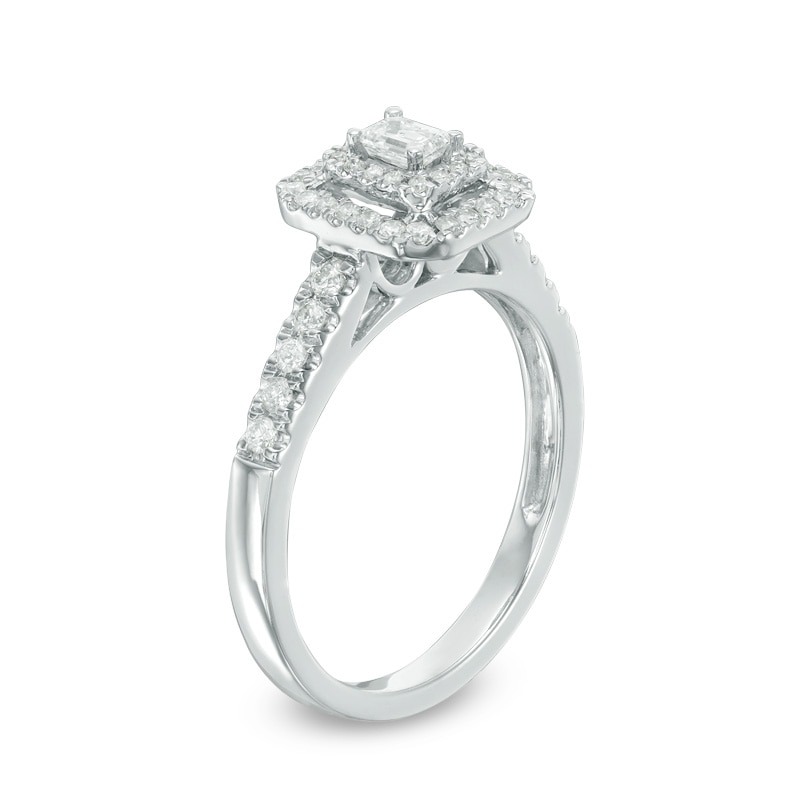 Main Image 2 of Previously Owned - 1/2 CT. T.W. Emerald-Cut Diamond Double Frame Engagement Ring in 14K White Gold
