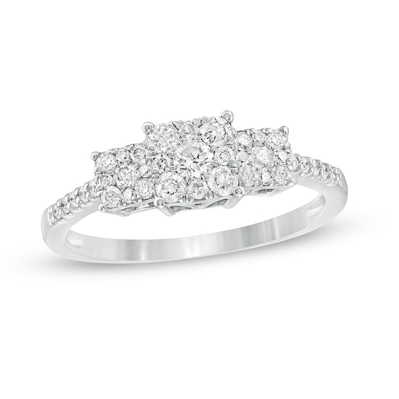 Main Image 1 of Previously Owned - 1/2 CT. T.W Composite Diamond Square Frame Three Stone Ring in 10K White Gold