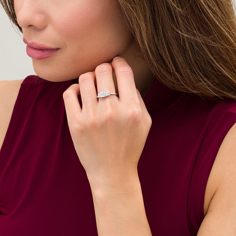 Main Image 2 of Previously Owned - 1/2 CT. T.W Composite Diamond Square Frame Three Stone Ring in 10K White Gold