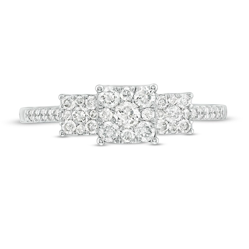 Main Image 4 of Previously Owned - 1/2 CT. T.W Composite Diamond Square Frame Three Stone Ring in 10K White Gold