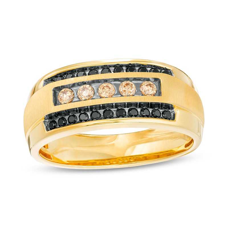 Previously Owned - Men's 1/2 CT. T.W. Black Enhanced and Champagne Diamond Triple Row Ring in 10K Gold