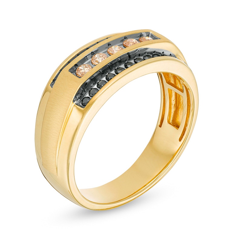 Previously Owned - Men's 1/2 CT. T.W. Black Enhanced and Champagne Diamond Triple Row Ring in 10K Gold
