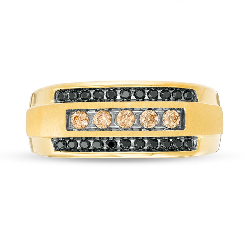 Previously Owned - Men's 1/2 CT. T.W. Black Enhanced and Champagne Diamond Triple Row Ring in 10K Gold