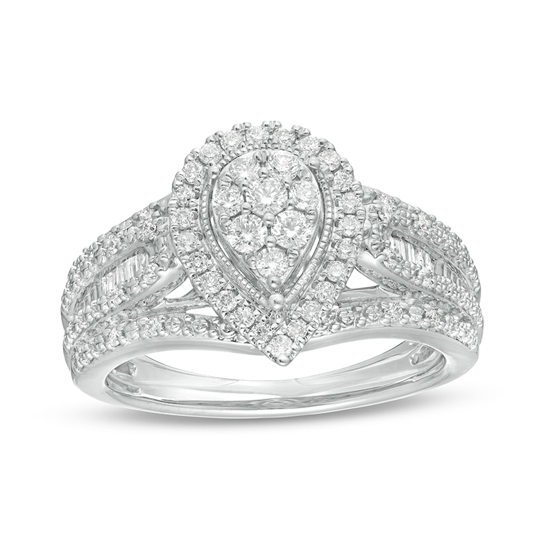Previously Owned - 1/2 CT. T.W. Composite Pear Diamond Frame Multi-Row Engagement Ring in 10K White Gold