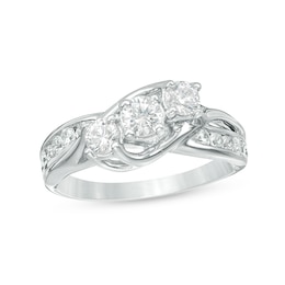Previously Owned - 1 CT. T.W. Diamond Three Stone Slant Engagement Ring in 14K White Gold