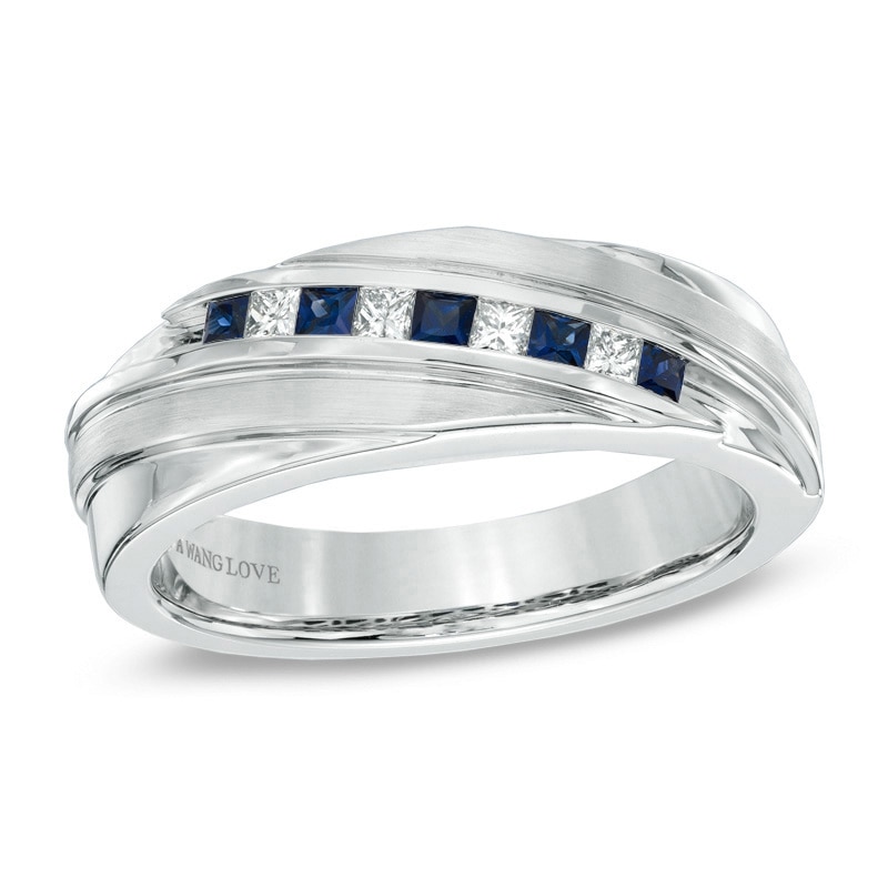 Main Image 1 of Previously Owned - Vera Wang Men's Blue Sapphire and 1/6 CT. T.W. Diamond Slant Band in 14K White Gold