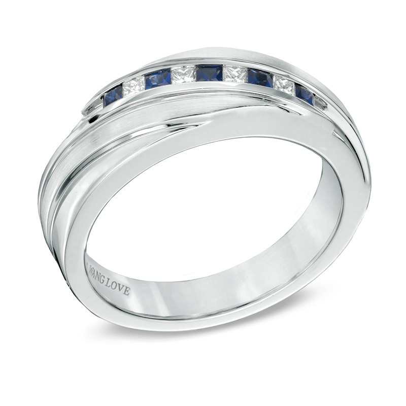 Main Image 2 of Previously Owned - Vera Wang Men's Blue Sapphire and 1/6 CT. T.W. Diamond Slant Band in 14K White Gold