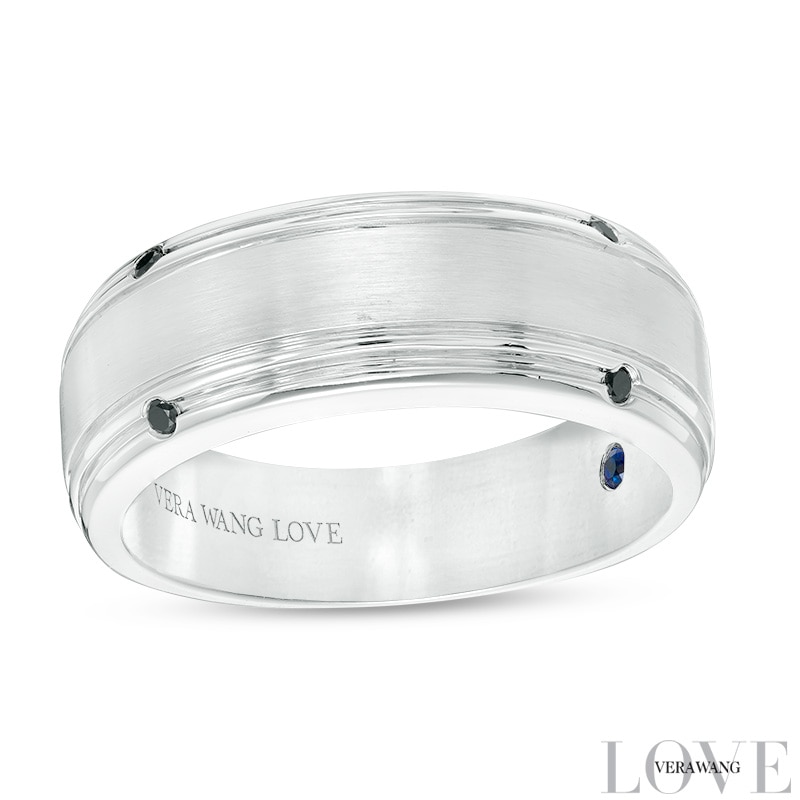 Main Image 1 of Previously Owned - Vera Wang Men's 1/20 CT. T.W. Black Diamond Four Stone Wedding Band in 14K White Gold