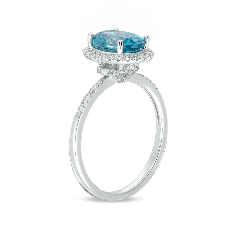 Main Image 2 of Previously Owned - Oval Blue Zircon and 1/4 CT. T.W. Diamond Frame Engagement Ring in 14K White Gold