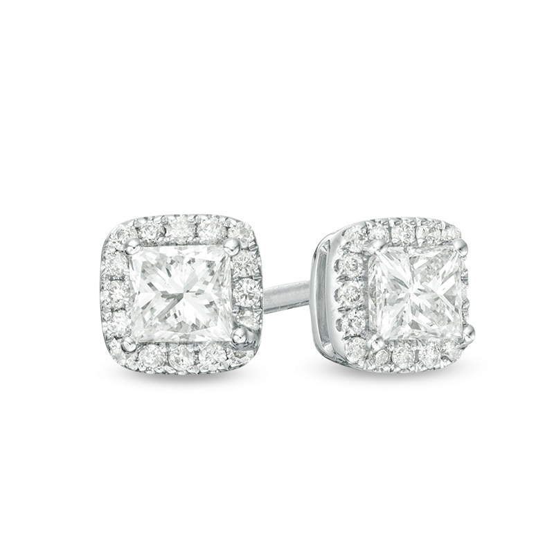 Main Image 1 of Previously Owned - 1/2 CT. T.W. Princess-Cut Diamond Frame Stud Earrings in 14K White Gold
