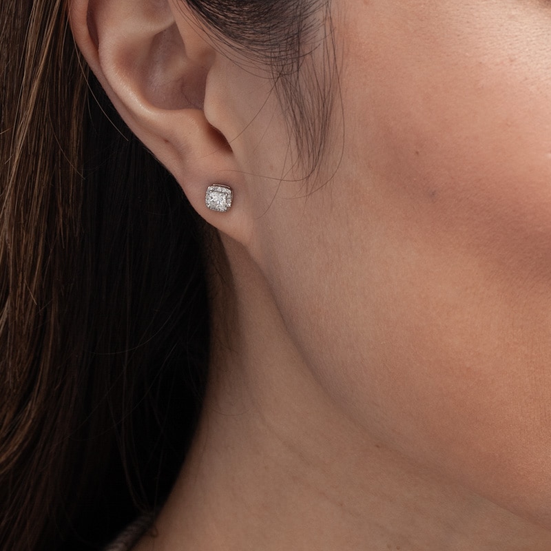 Main Image 2 of Previously Owned - 1/2 CT. T.W. Princess-Cut Diamond Frame Stud Earrings in 14K White Gold