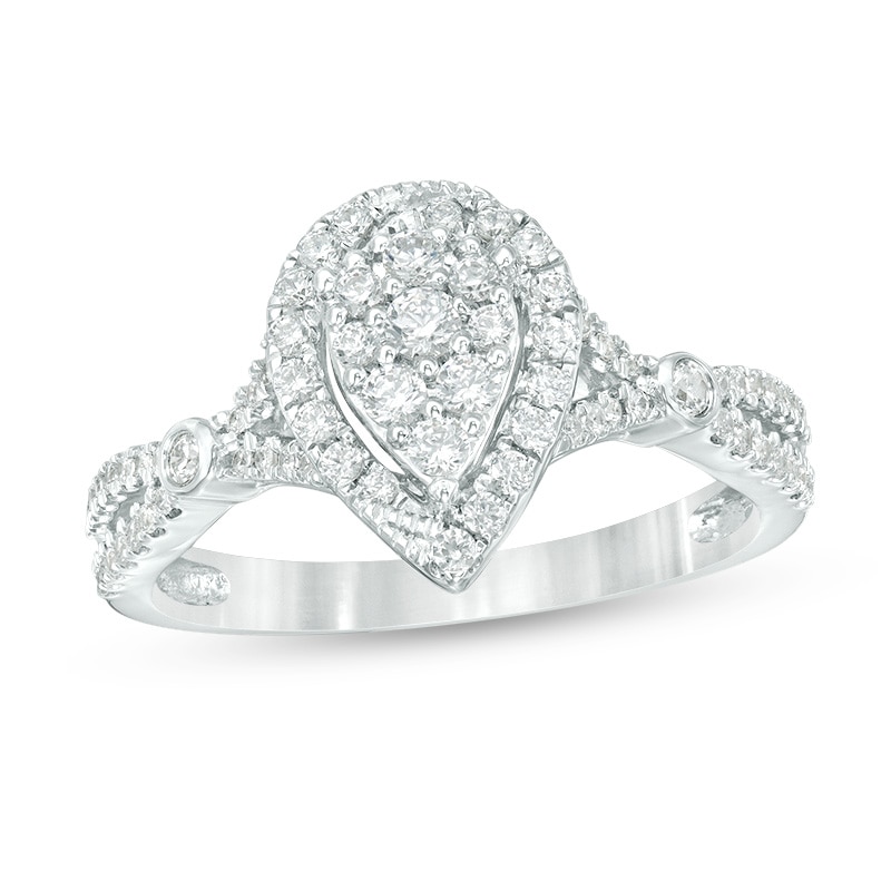 Main Image 1 of Previously Owned - 1/2 CT. T.W. Composite Diamond Pear-Shaped Frame Split Shank Ring in 10K White Gold