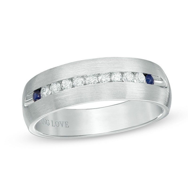 Main Image 1 of Previously Owned - Vera Wang Men's 1/4 CT. T.W. Diamond and Sapphire Wedding Band in 14K White Gold