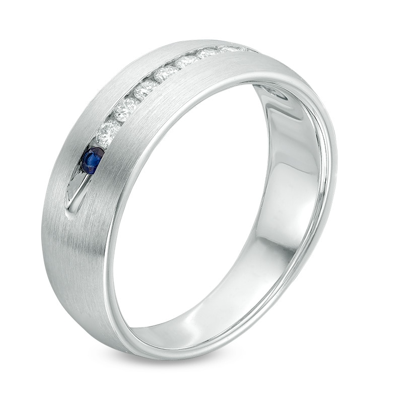 Main Image 2 of Previously Owned - Vera Wang Men's 1/4 CT. T.W. Diamond and Sapphire Wedding Band in 14K White Gold