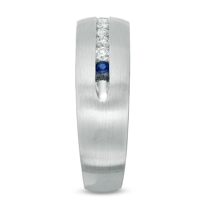 Main Image 3 of Previously Owned - Vera Wang Men's 1/4 CT. T.W. Diamond and Sapphire Wedding Band in 14K White Gold