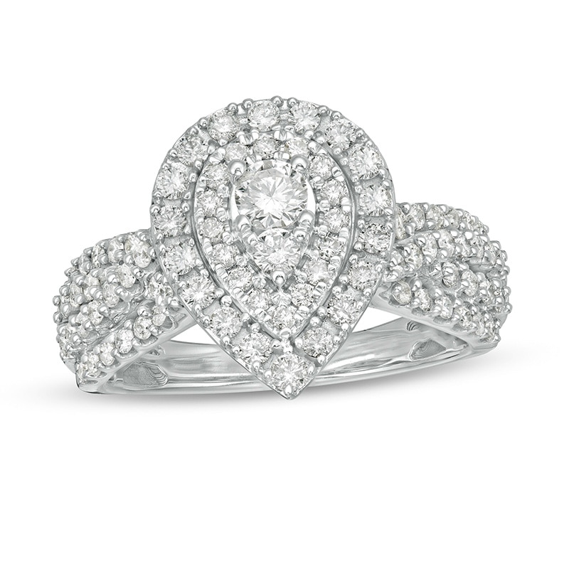 Main Image 1 of Previously Owned - 1 CT. T.W. Composite Pear Diamond Frame Tiered Shank Engagement Ring in 10K White Gold