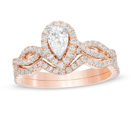 Previously Owned - 1 CT. T.W. Pear-Shaped Diamond Frame Twist Split Shank Bridal Set in 14K Rose Gold