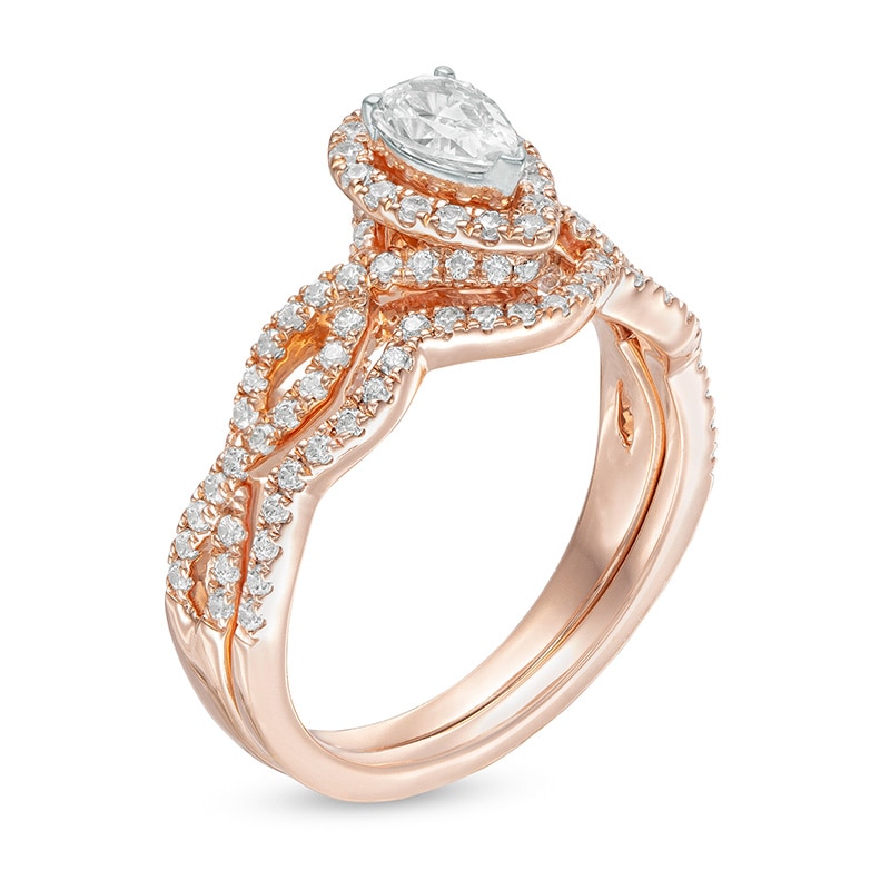Main Image 3 of Previously Owned - 1 CT. T.W. Pear-Shaped Diamond Frame Twist Split Shank Bridal Set in 14K Rose Gold