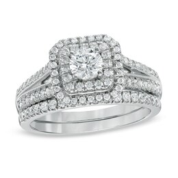Previously Owned - Celebration Ideal 1 CT. T.W. Diamond Double Frame Bridal Set in 14K White Gold (I/I1)