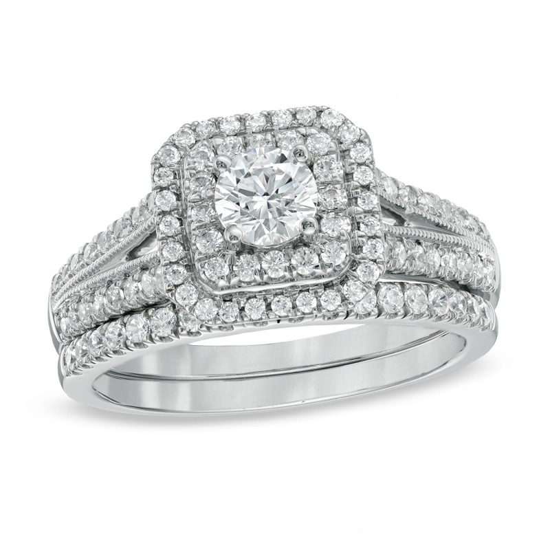Main Image 1 of Previously Owned - Celebration Ideal 1 CT. T.W. Diamond Double Frame Bridal Set in 14K White Gold (I/I1)
