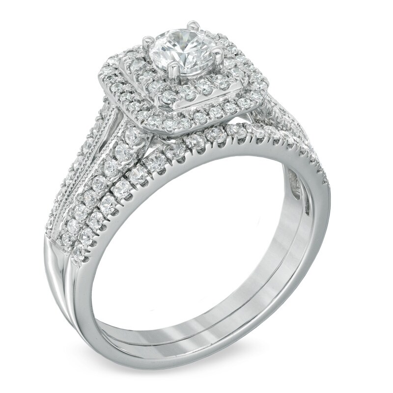 Main Image 2 of Previously Owned - Celebration Ideal 1 CT. T.W. Diamond Double Frame Bridal Set in 14K White Gold (I/I1)