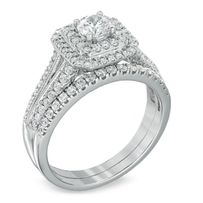 Previously Owned - Celebration Ideal 1 CT. T.W. Diamond Double Frame Bridal Set in 14K White Gold (I/I1)