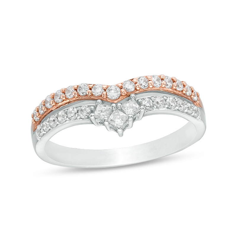 Previously Owned - 1/2 CT. T.W. Princess-Cut and Round Diamond Double Chevron Anniversary Band in 14K Two-Tone Gold
