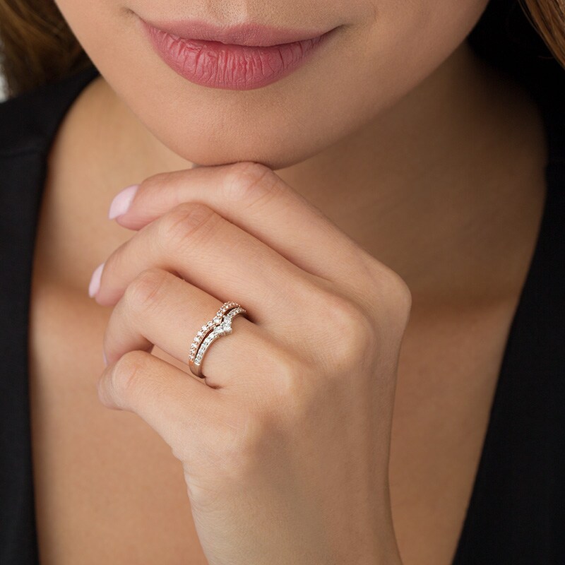 Previously Owned - 1/2 CT. T.W. Princess-Cut and Round Diamond Double Chevron Anniversary Band in 14K Two-Tone Gold