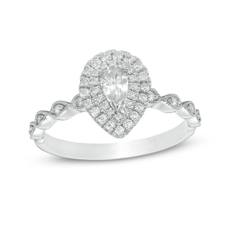 Main Image 1 of Previously Owned - 1/2 CT. T.W. Pear-Shaped Diamond Double Frame Vintage-Style Engagement Ring in 14K White Gold