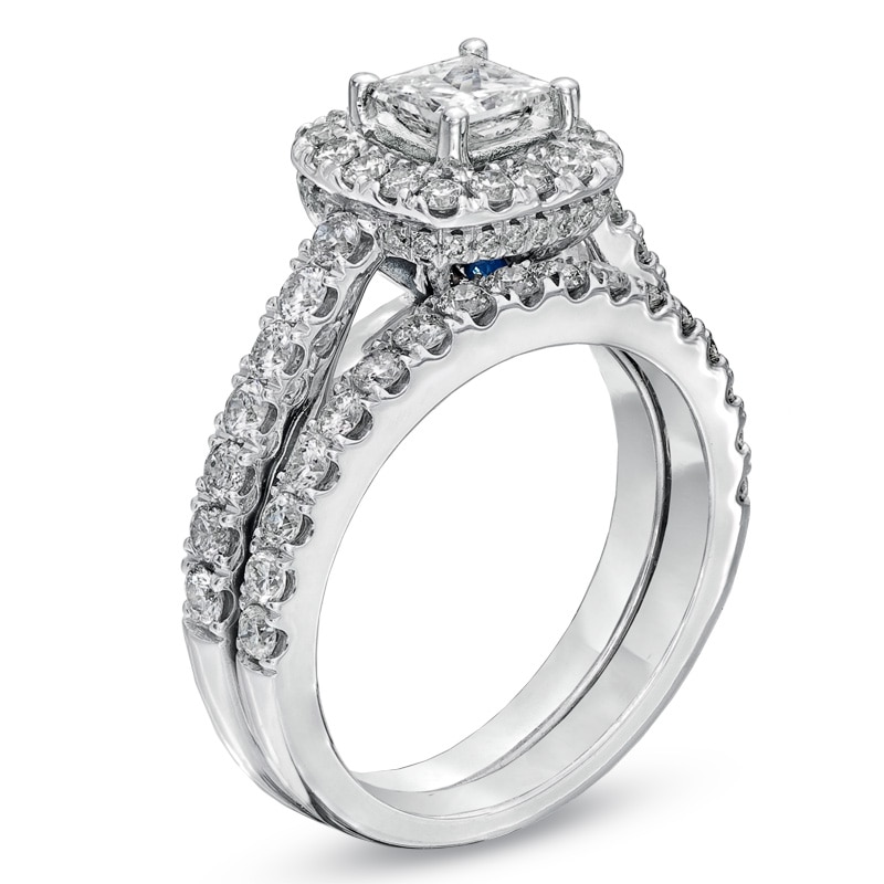 Main Image 3 of Previously Owned - Vera Wang Love Collection 2 CT. T.W. Princess-Cut Diamond Frame Bridal Set in 14K White Gold