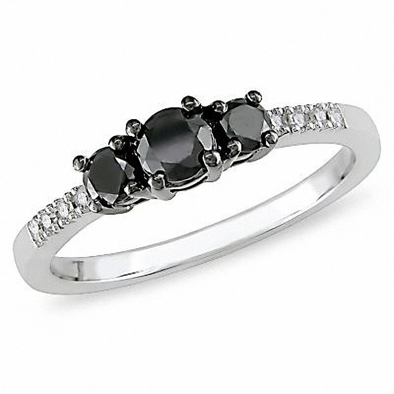 Previously Owned - 1/2 CT. T.W. Black Diamond Three Stone Ring in 10K White Gold with Diamond Accents