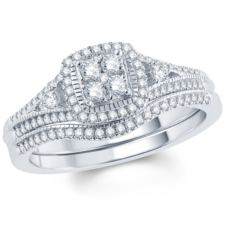 Main Image 1 of Previously Owned - 1/2 CT. T.W. Composite Diamond Square Frame Bridal Set in 10K White Gold