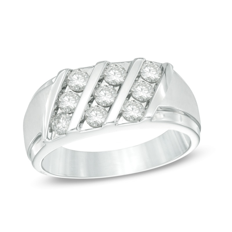 Main Image 2 of Previously Owned - Men's 1 CT. T.W. Diamond Slant Three Row Ring in 10K White Gold
