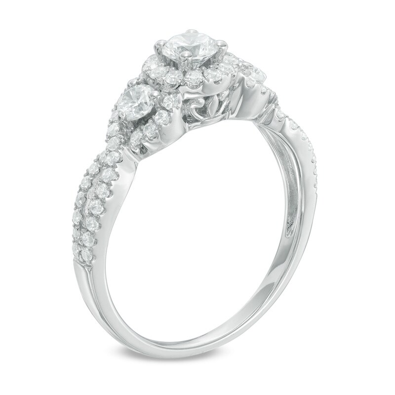 Main Image 2 of Previously Owned - 3/4 CT. T.W. Diamond Past Present Frame Future® Twist Split Shank Engagement Ring in 14K White Gold