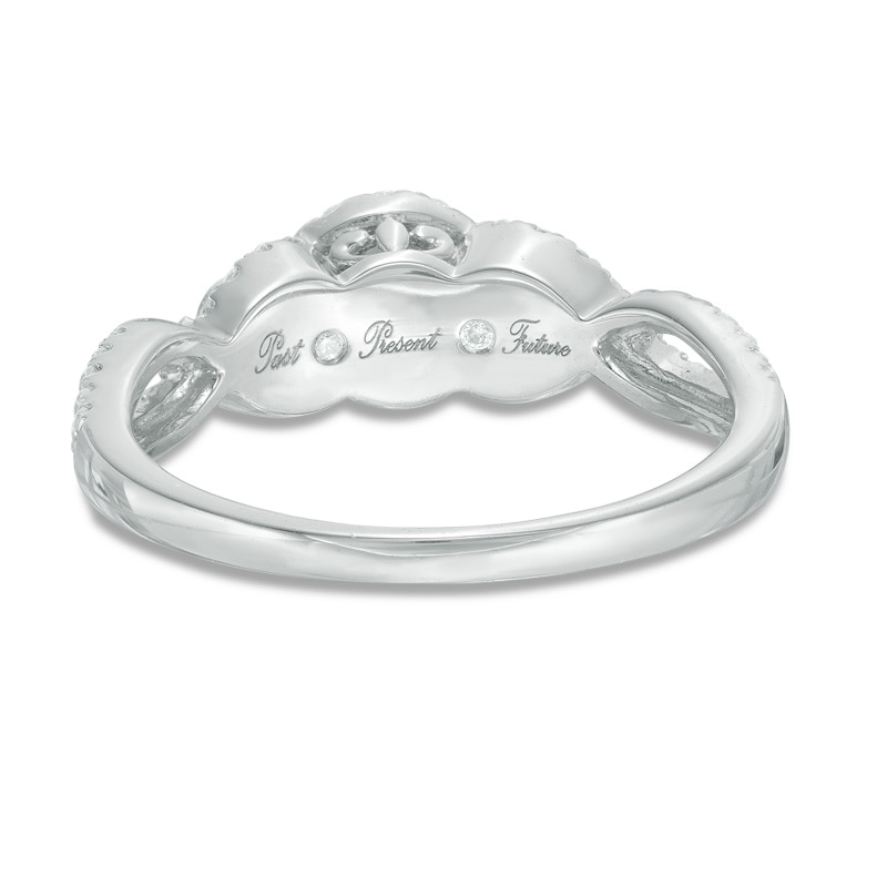 Main Image 3 of Previously Owned - 3/4 CT. T.W. Diamond Past Present Frame Future® Twist Split Shank Engagement Ring in 14K White Gold