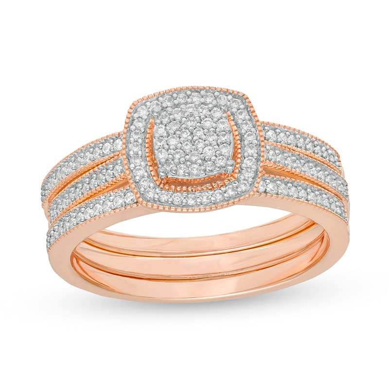 Previously Owned - 1/3 CT. T.W. Composite Diamond Square Frame Three Piece Bridal Set in 10K Rose Gold
