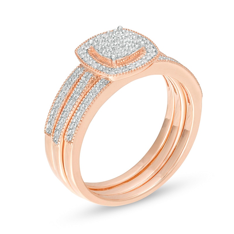 Previously Owned - 1/3 CT. T.W. Composite Diamond Square Frame Three Piece Bridal Set in 10K Rose Gold