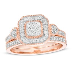 Previously Owned - 3/8 CT. T.W. Composite Diamond Cushion Frame Tri-Sides Vintage-Style Bridal Set in 10K Rose Gold