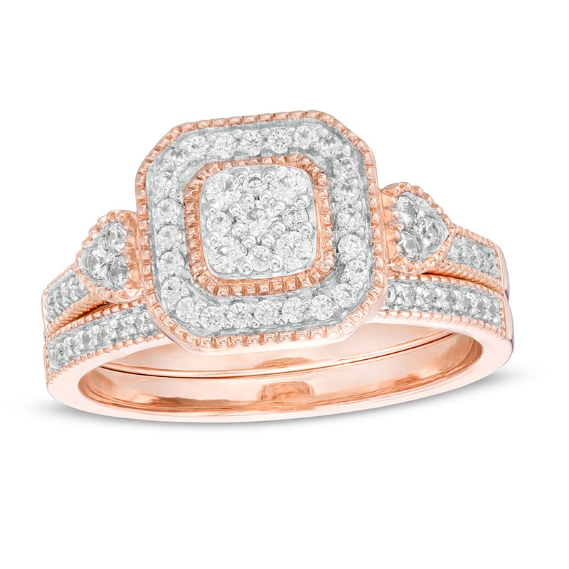 Main Image 1 of Previously Owned - 3/8 CT. T.W. Composite Diamond Cushion Frame Tri-Sides Vintage-Style Bridal Set in 10K Rose Gold