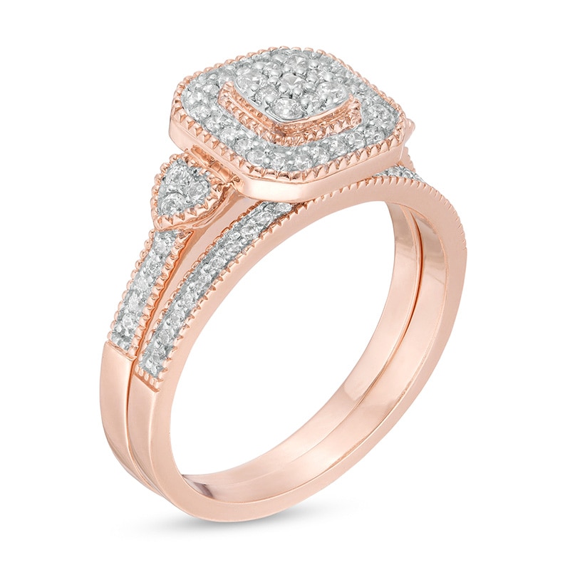 Main Image 2 of Previously Owned - 3/8 CT. T.W. Composite Diamond Cushion Frame Tri-Sides Vintage-Style Bridal Set in 10K Rose Gold