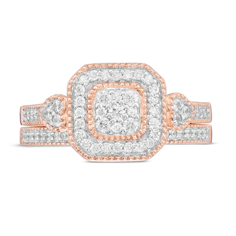 Main Image 3 of Previously Owned - 3/8 CT. T.W. Composite Diamond Cushion Frame Tri-Sides Vintage-Style Bridal Set in 10K Rose Gold