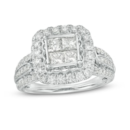 Previously Owned - 1-1/2 CT. T.W. Quad Princess-Cut Diamond Frame Vintage-Style Engagement Ring in 14K White Gold