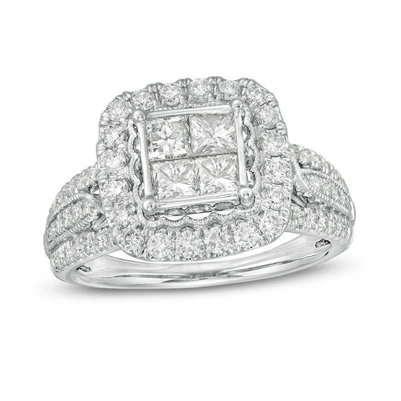 Main Image 1 of Previously Owned - 1-1/2 CT. T.W. Quad Princess-Cut Diamond Frame Vintage-Style Engagement Ring in 14K White Gold