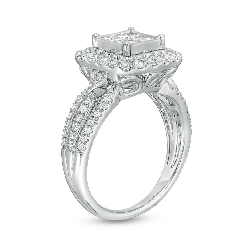 Main Image 3 of Previously Owned - 1-1/2 CT. T.W. Quad Princess-Cut Diamond Frame Vintage-Style Engagement Ring in 14K White Gold