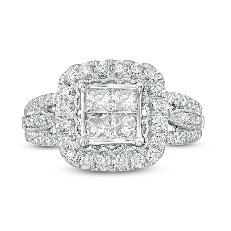 Main Image 4 of Previously Owned - 1-1/2 CT. T.W. Quad Princess-Cut Diamond Frame Vintage-Style Engagement Ring in 14K White Gold