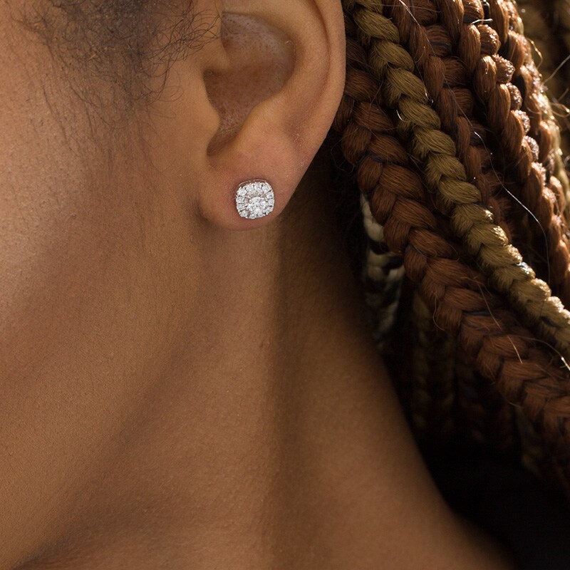 Main Image 2 of Previously Owned - 1/2 CT. T.W. Diamond Cushion Frame Stud Earrings in 10K White Gold
