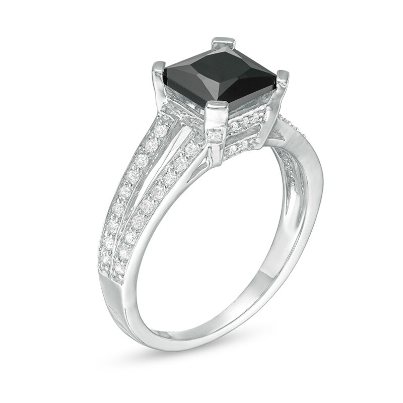 Main Image 3 of Previously Owned - 7.2mm Princess-Cut Lab-Created Sapphire and 1/4 CT. T.W. Diamond Split Shank Ring in 10K White Gold