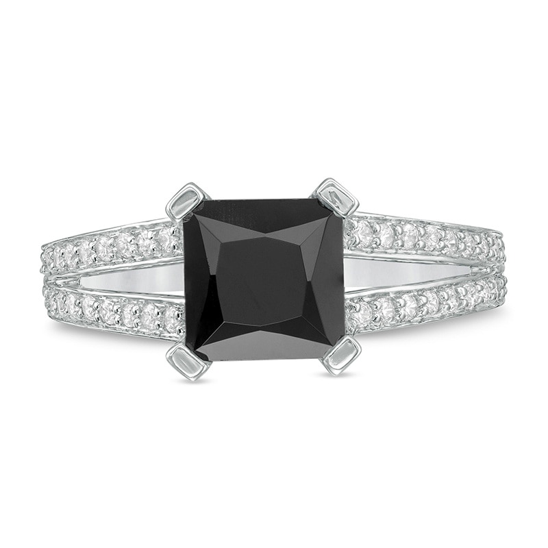 Main Image 4 of Previously Owned - 7.2mm Princess-Cut Lab-Created Sapphire and 1/4 CT. T.W. Diamond Split Shank Ring in 10K White Gold
