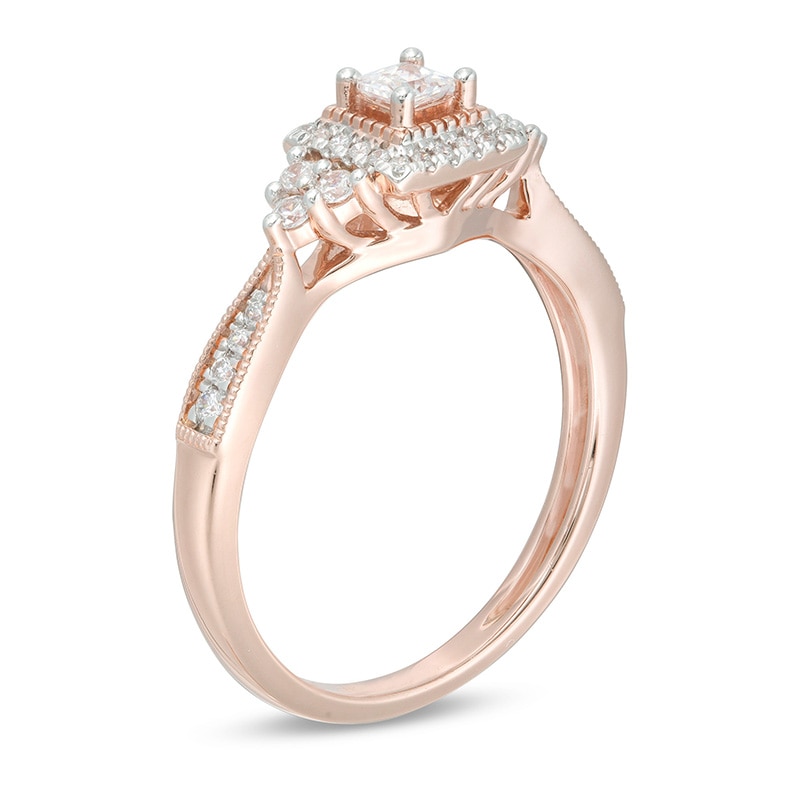 Main Image 3 of Previously Owned - 1/3 CT. T.W. Princess-Cut Diamond Frame Tri-Sides Vintage-Style Engagement Ring in 10K Rose Gold