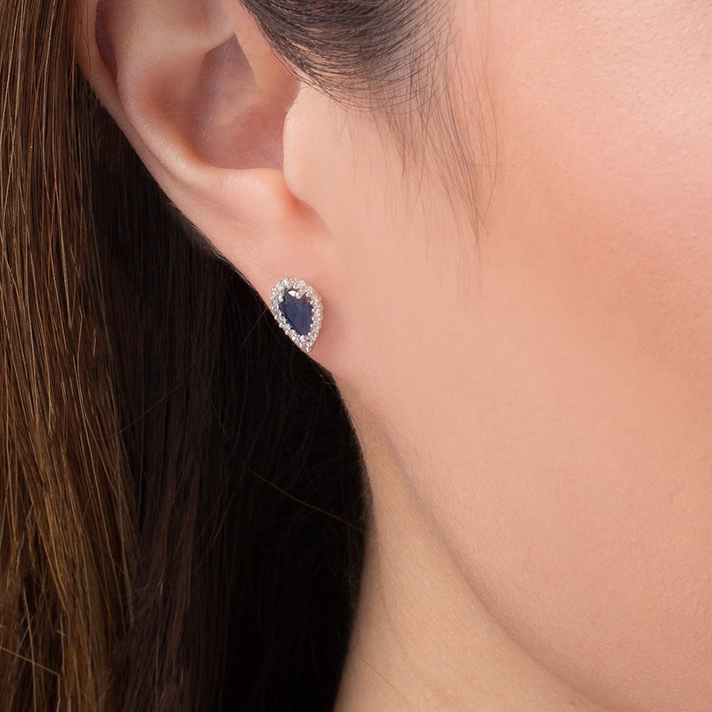Main Image 2 of Previously Owned - Pear-Shaped Blue Sapphire and 1/8 CT. T.W. Diamond Frame Stud Earrings in 10K White Gold
